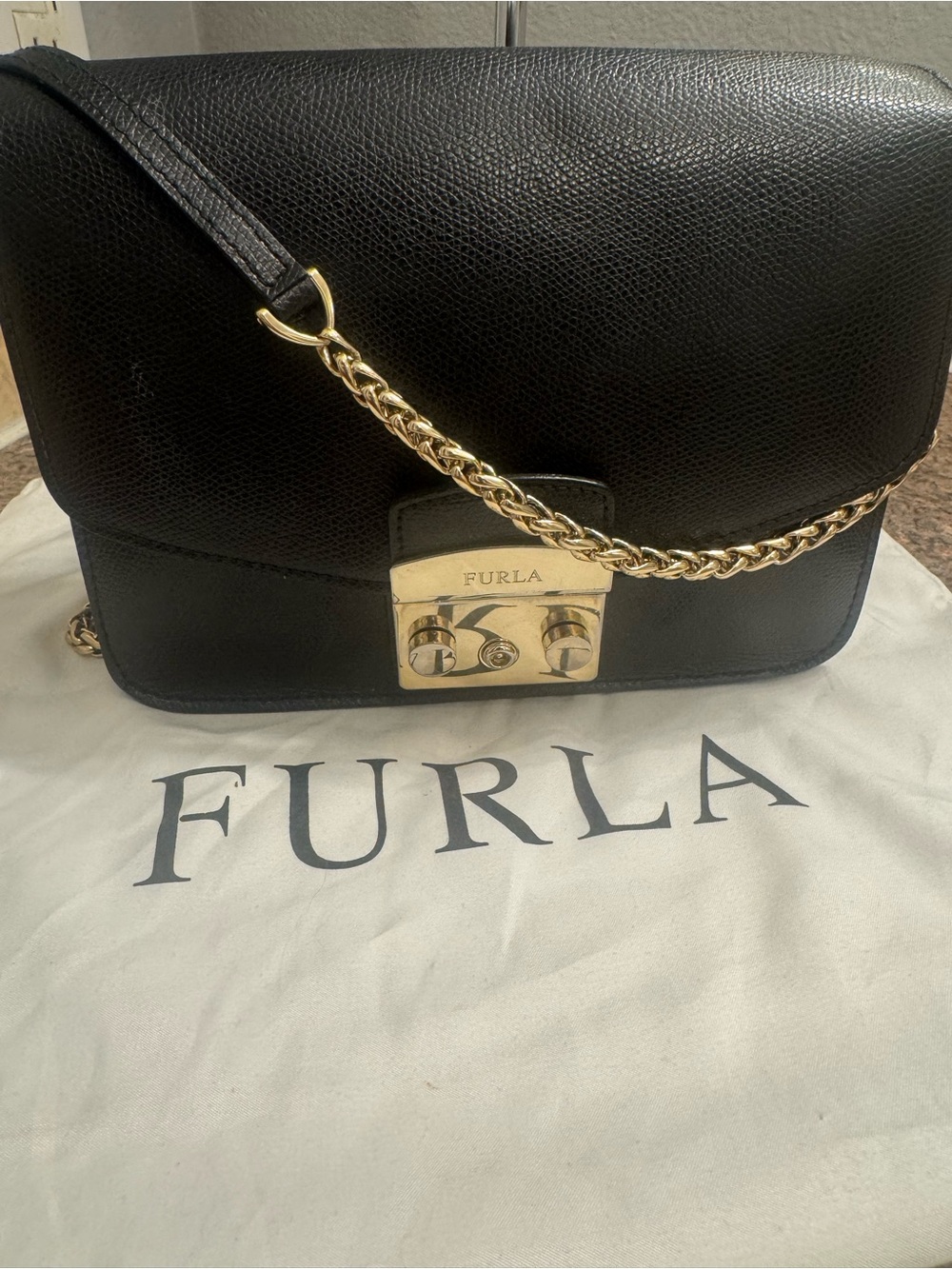 Furla Black Leather Crossbody Bag with Gold Chain